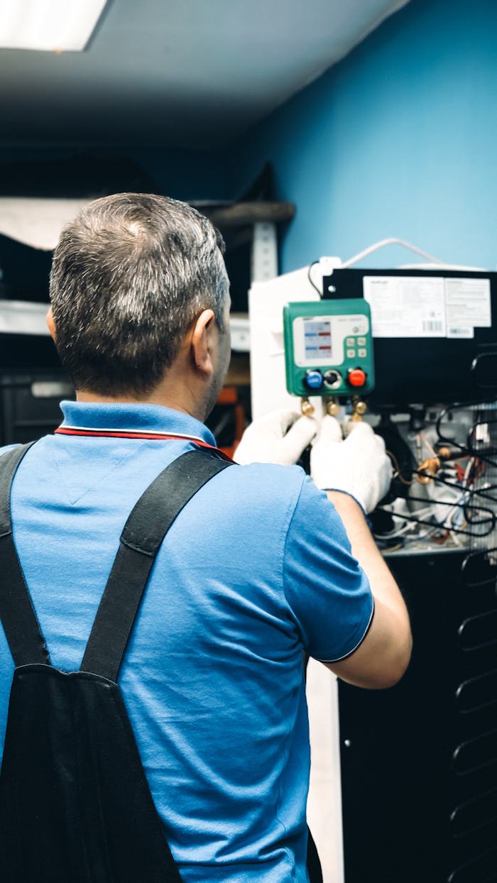 our-story-01 A skilled technician working on air conditioning system maintenance indoors.